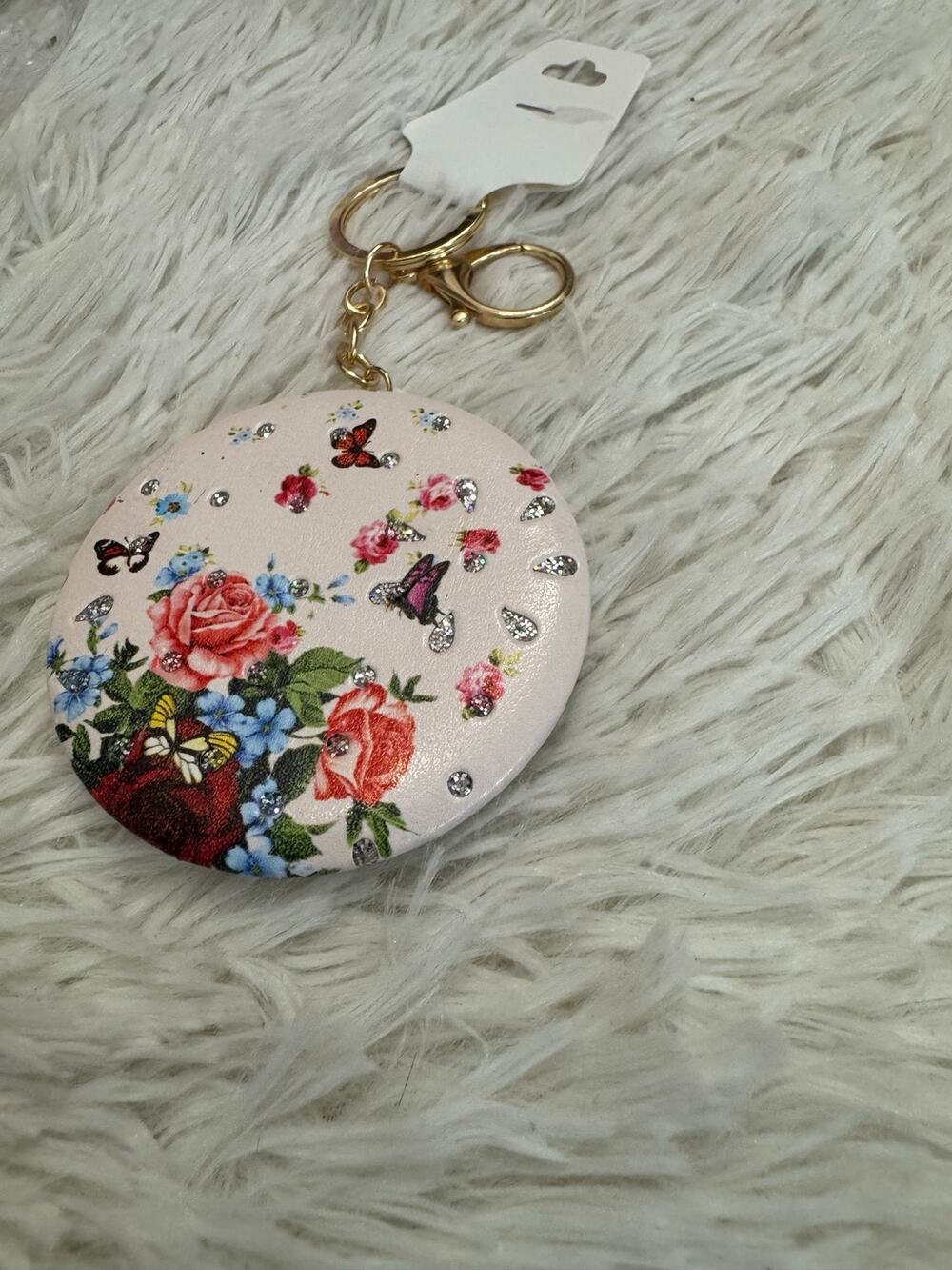 Doble side mirror with  butterflies and flower  keychain bag charm sparkles